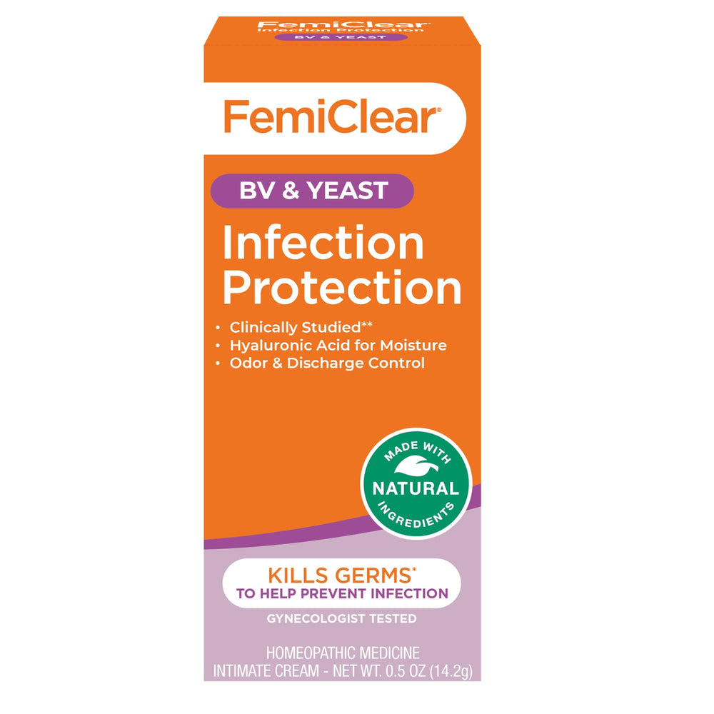 FemiClear cream bottle closeup highlights infection protection for intimate care.