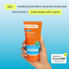 FemiClear lysine and lemon balm ingredients panel emphasizes soothing naturals.