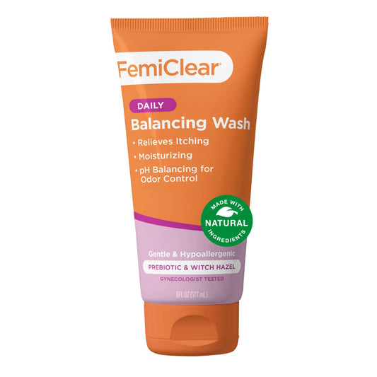 FemiClear soothing daily wash bottle emphasizes gentle cleansing for sensitive skin