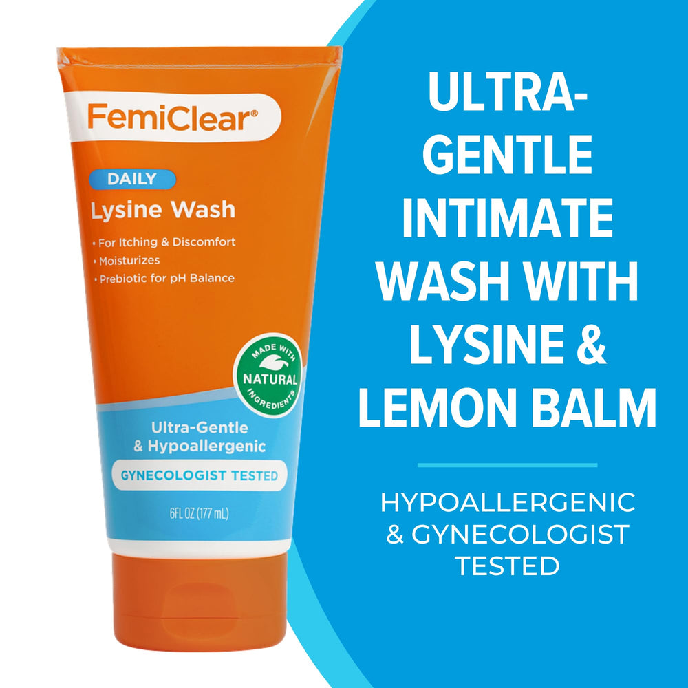 FemiClear label close-up highlights lysine and lemon balm formula.