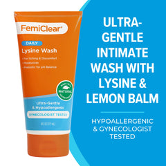 FemiClear label close-up highlights lysine and lemon balm formula.