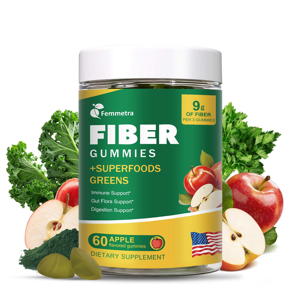 Femmetra front bottle showing apple fiber gummies and branding benefit convenience