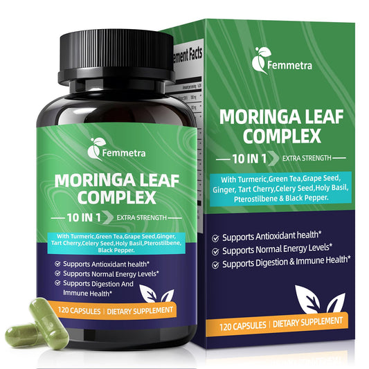 Front view of Femmetra Moringa Turmeric Capsules bottle