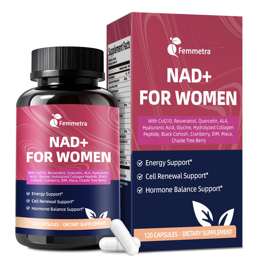 Bottle of Femmetra NAD+ supplements for women on a white background