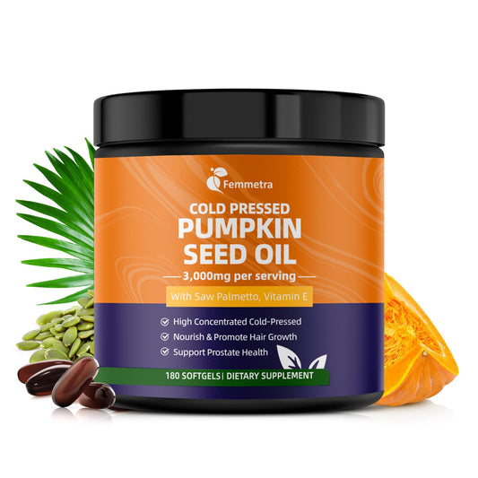 Front view of Femmetra Pumpkin Seed Oil with Saw Palmetto Capsules bottle