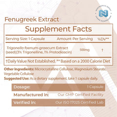 Rear label showing supplement facts for fenugreek extract capsules.