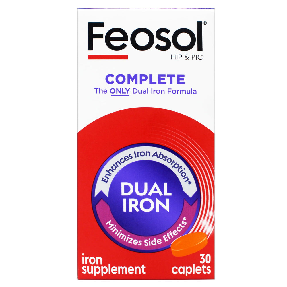 Feosol caplet close-up highlights small, gentle iron tablets for daily use.