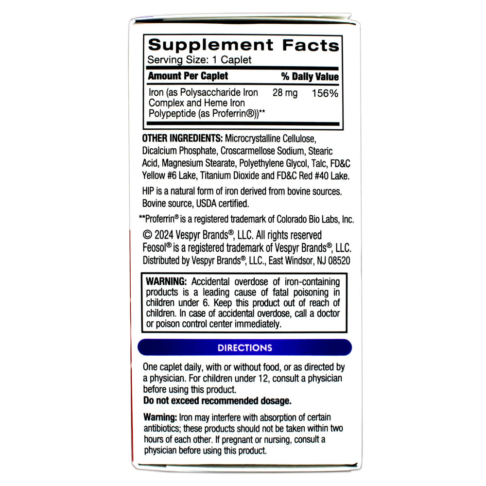 Feosol label detail emphasizes balanced iron formula and absorption features.