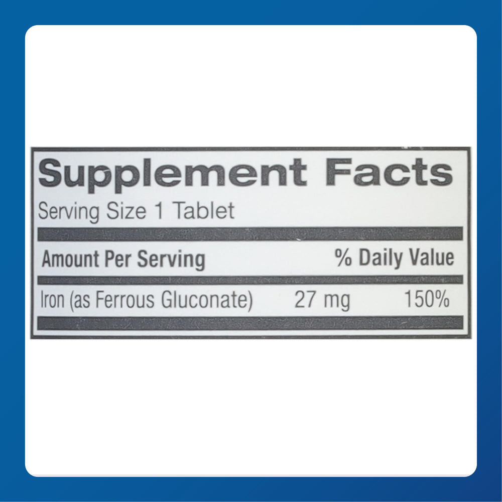 Open bottle of Ferate iron tablets with 100-count