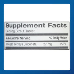 Open bottle of Ferate iron tablets with 100-count