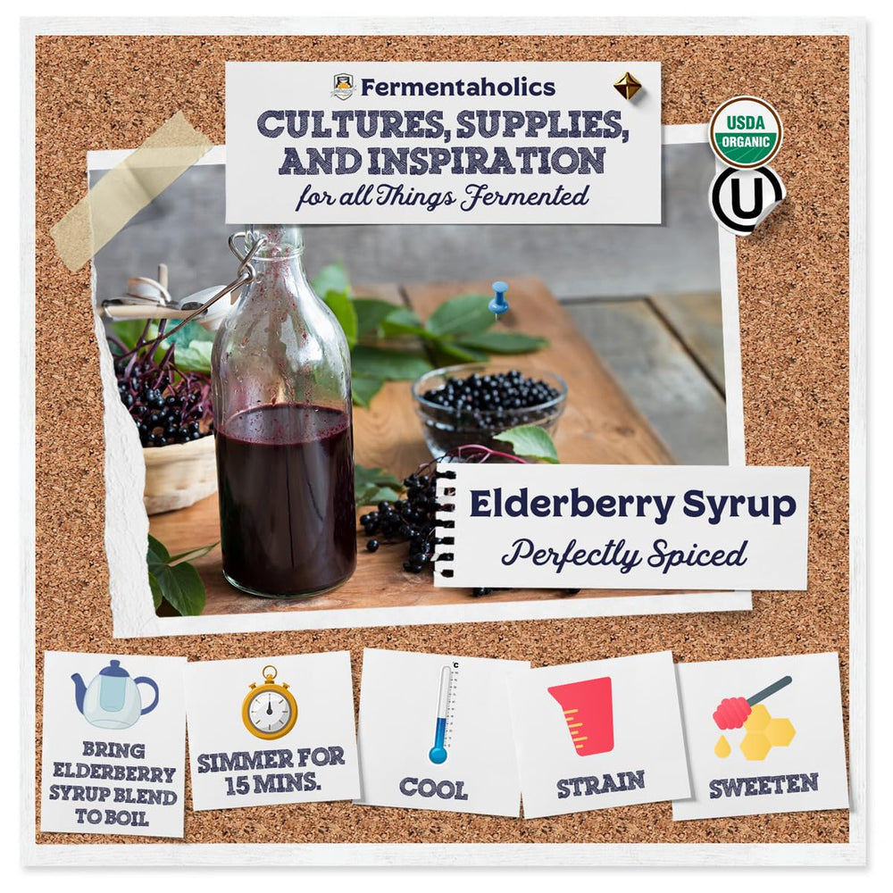 Elderberry syrup making kit components: honey, cheesecloth, and spice blend