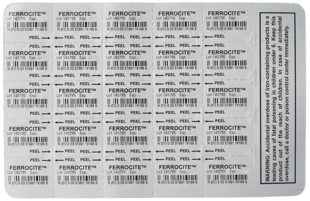 Ferrocite iron supplement blister card 1 with 25 tablets