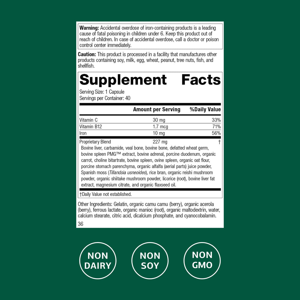 Nutrition facts label for Ferrofood iron supplement