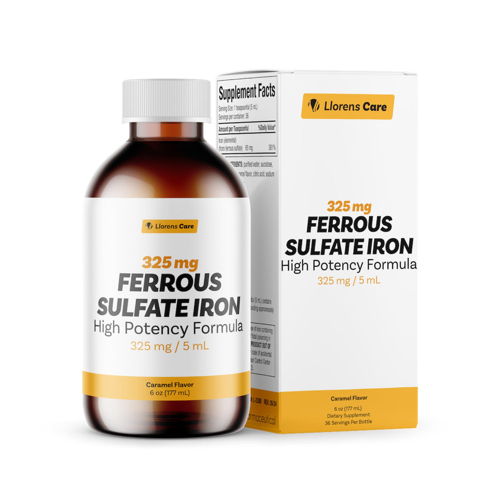 Front label of Llorens Care Ferrous Sulfate Liquid Iron 6 oz caramel flavor