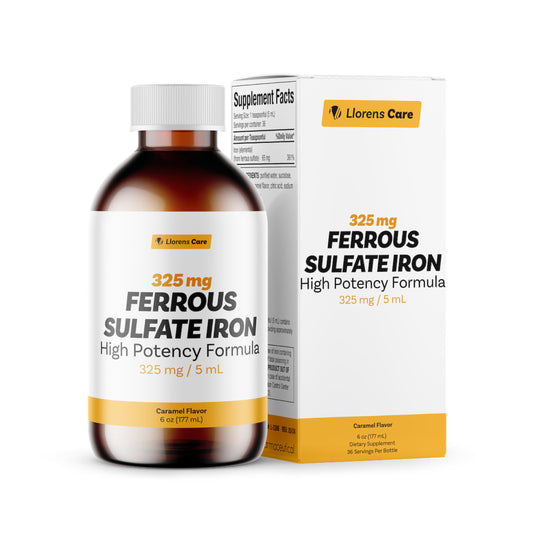 Front label of Llorens Care Ferrous Sulfate Liquid Iron 6 oz caramel flavor
