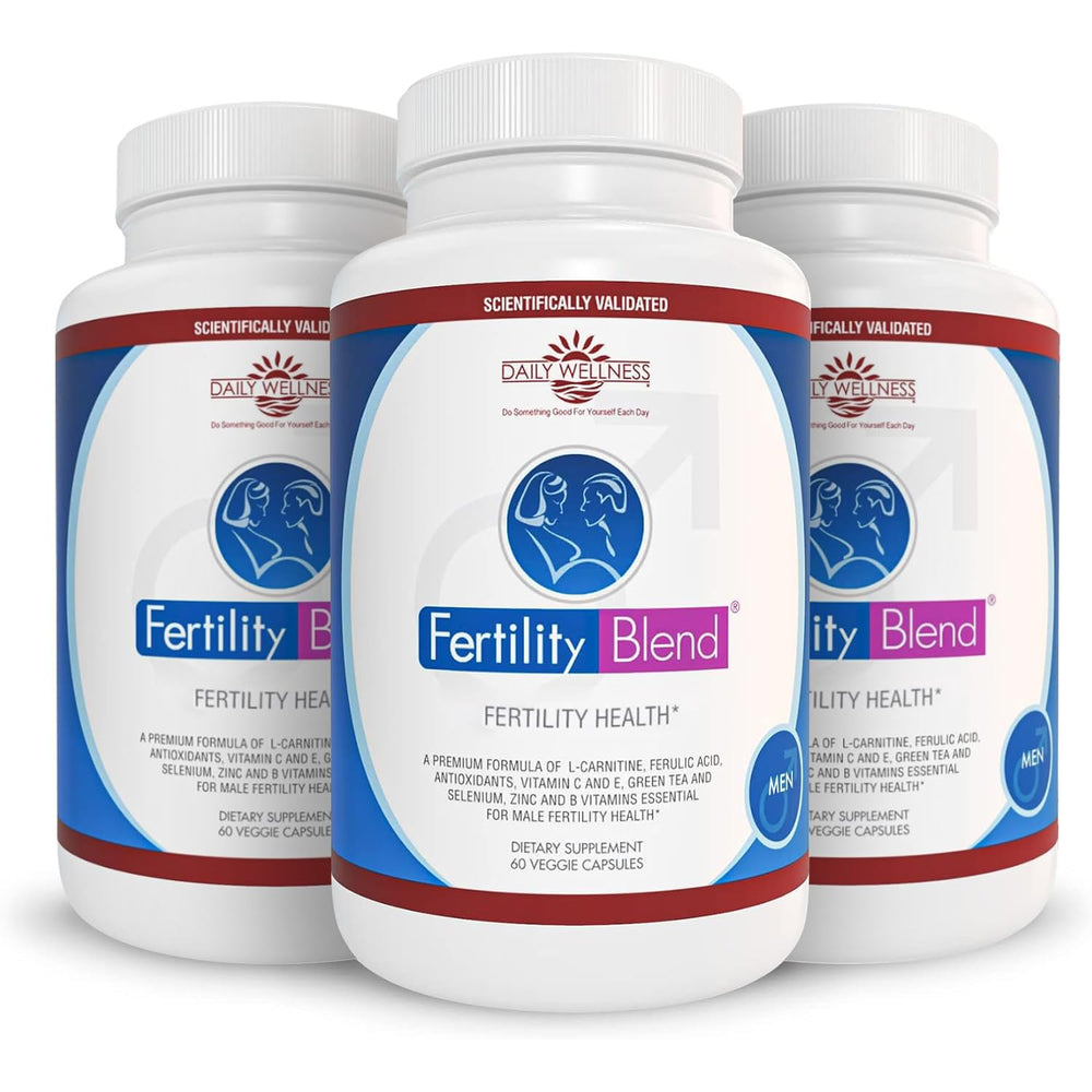 Fertility Blend Daily Wellness for Men bottle closeup, showcasing a natural fertility support supplement.