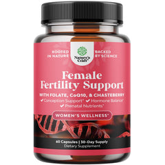 Bottle of fertility supplement for women with prenatal vitamins