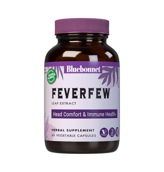 BlueBonnet Feverfew Leaf Extract bottle with 60 veggie capsules