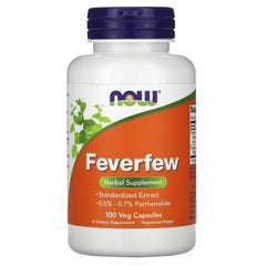 NOW Foods Feverfew Veg Capsules bottle and label - 100 count