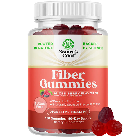 Bottle of vegan, sugar-free fiber gummies for adults with chicory root prebiotic fiber
