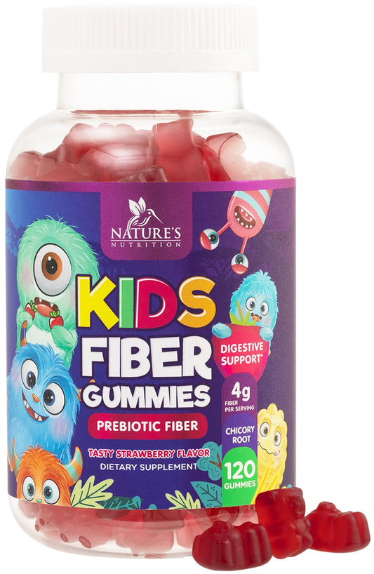 Grocery product label showing fiber gummies for kids with chicory root inulin