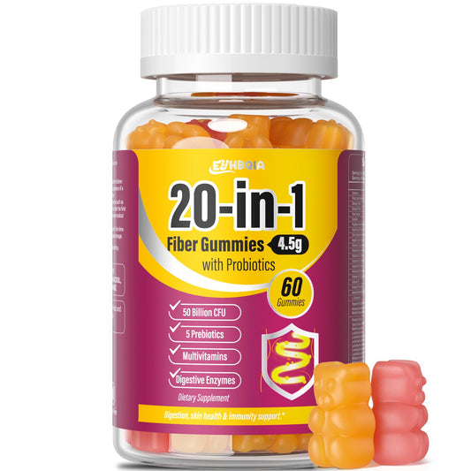 Bottle of fiber gummies for women highlighting prebiotic probiotics