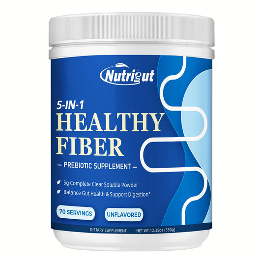 Front of Fiber Supplement bottle packaging highlighting prebiotic powder