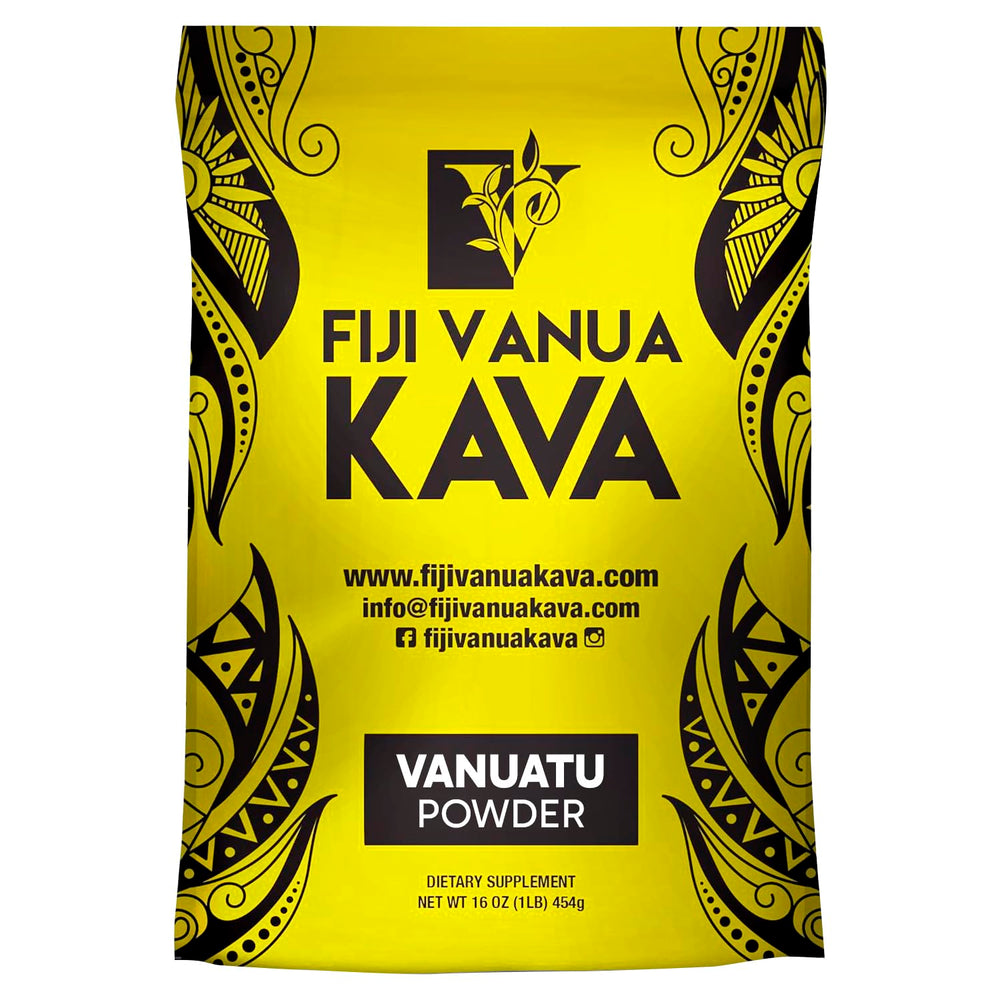 Jar labeled Fiji Vanua Kava Vanuatu Powder, 16 oz Noble Kava