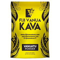 Jar labeled Fiji Vanua Kava Vanuatu Powder, 16 oz Noble Kava
