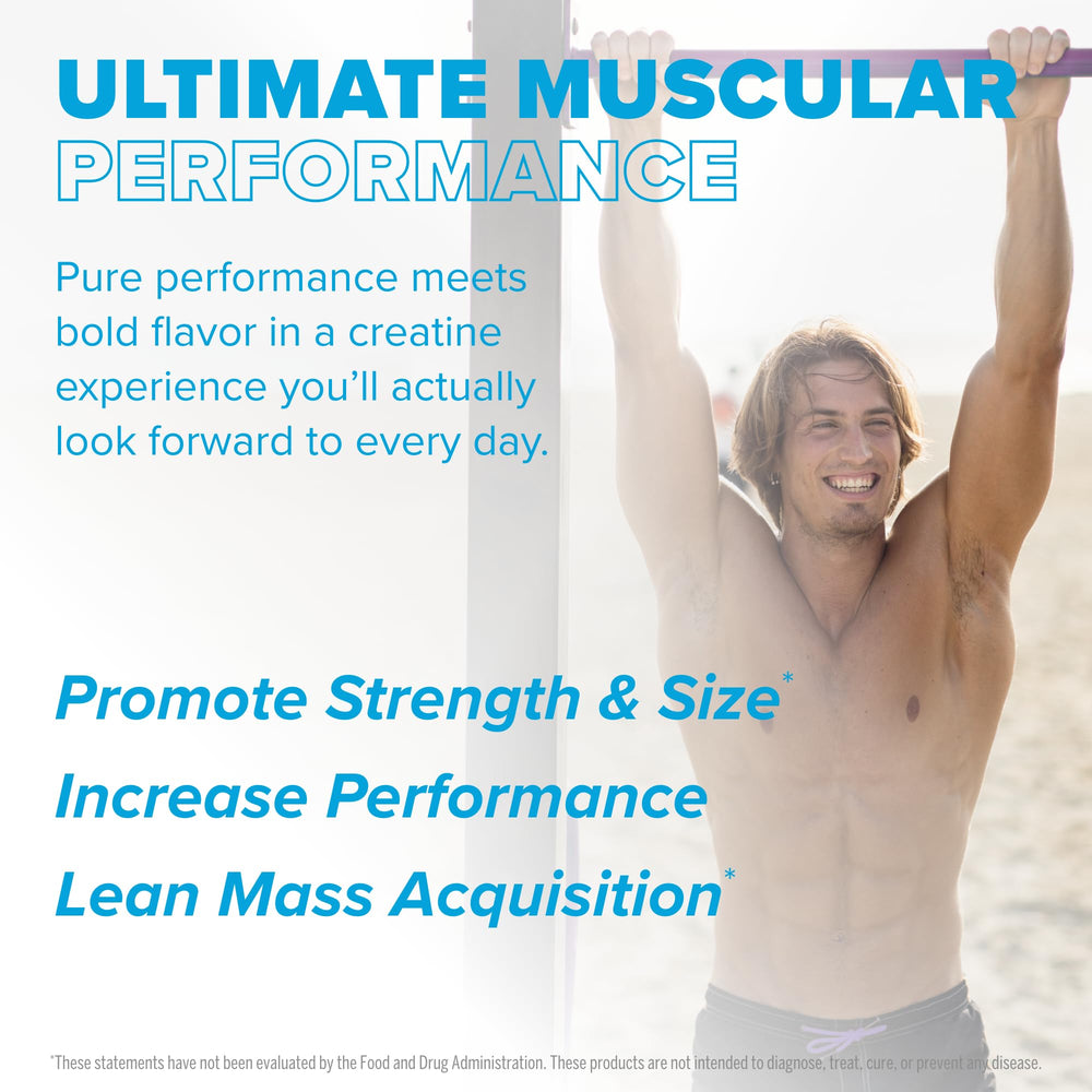 Serving scoop and powder of FINAFLEX Ocean Blue Lemonade Creatine Calypso