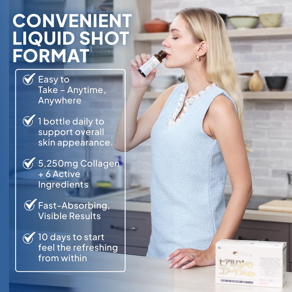 Lifestyle scene with collagen drink as part of daily beauty routine