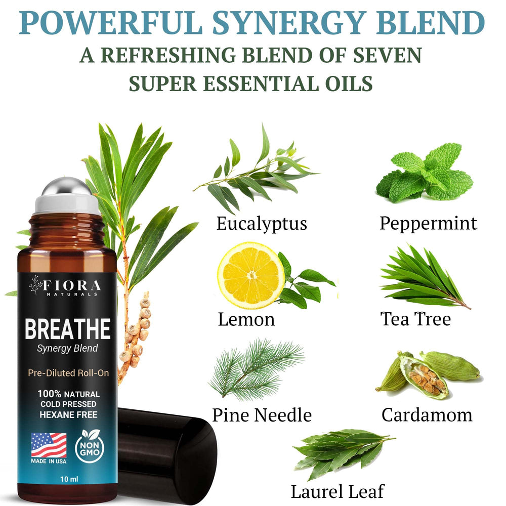 Label listing seven essential oils including eucalyptus, peppermint, tea tree