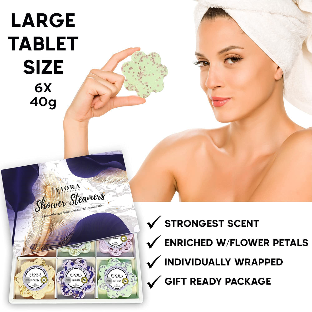 Fiora Naturals bathroom-spa mood with shower bombs releasing fragrance during shower.