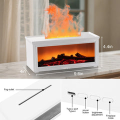 Angled view of the white ultrasonic diffuser emitting mist with flame lights