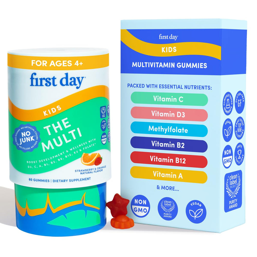Front view of First Day Kids Multivitamin Gummies bottle, strawberry & orange flavor
