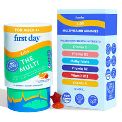 Front view of First Day Kids Multivitamin Gummies bottle, strawberry & orange flavor