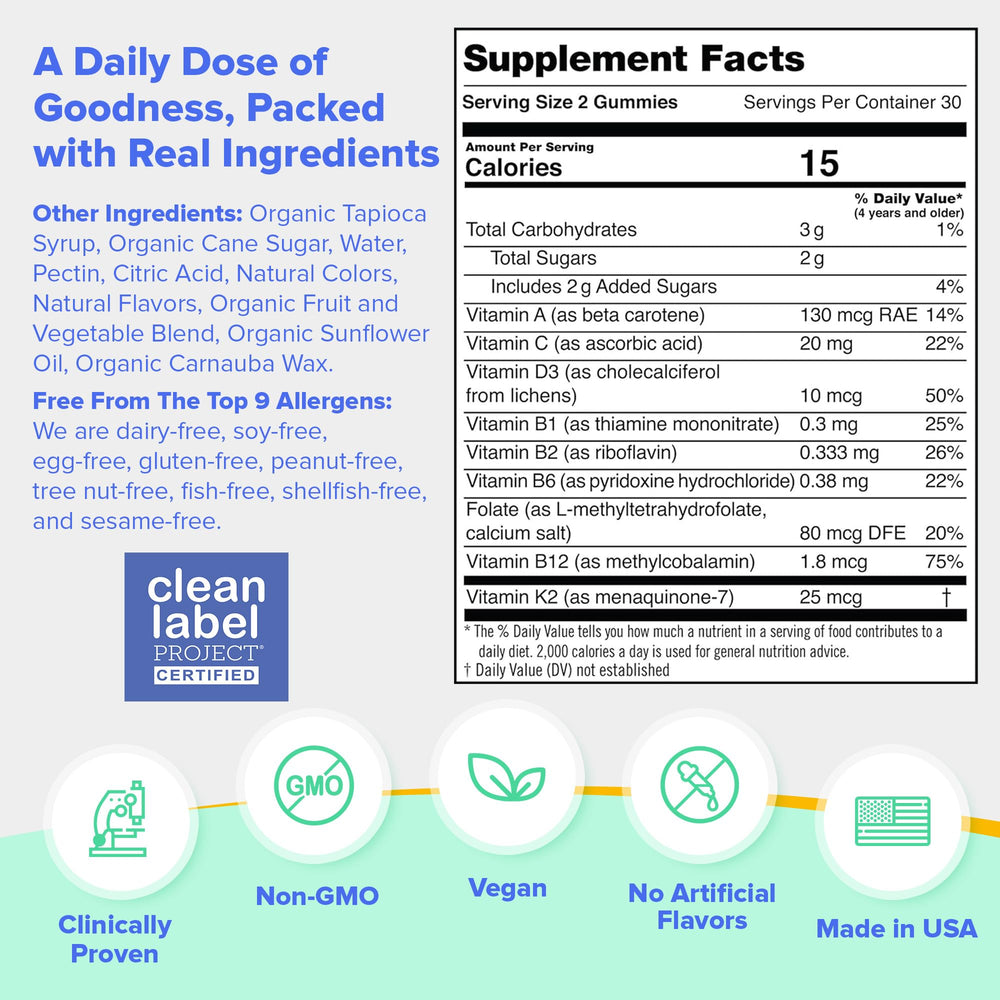 Illustration highlighting organic fruits and vegetables in First Day Multivitamin Gummies
