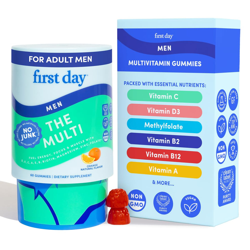 Bottle of FIRST DAY Men's Multivitamin gummies with 13 nutrients