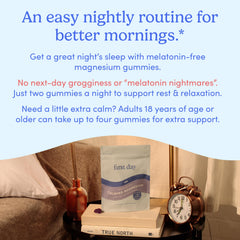 First Day Nighttime Reset on a nightstand ready for bedtime routine.