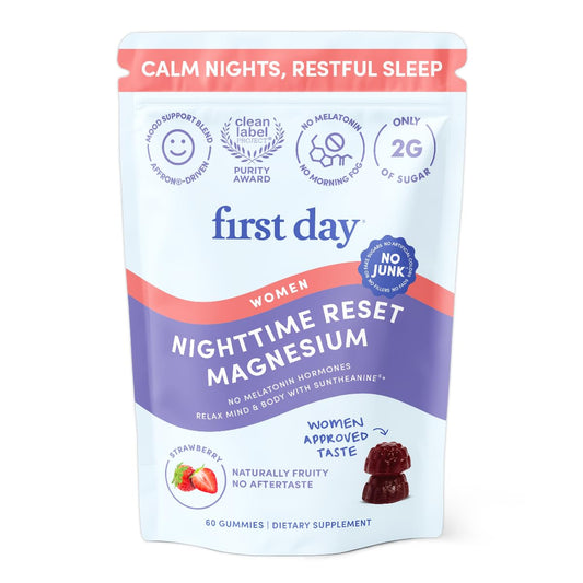 Bottle of First Day Nighttime Reset Magnesium Gummies