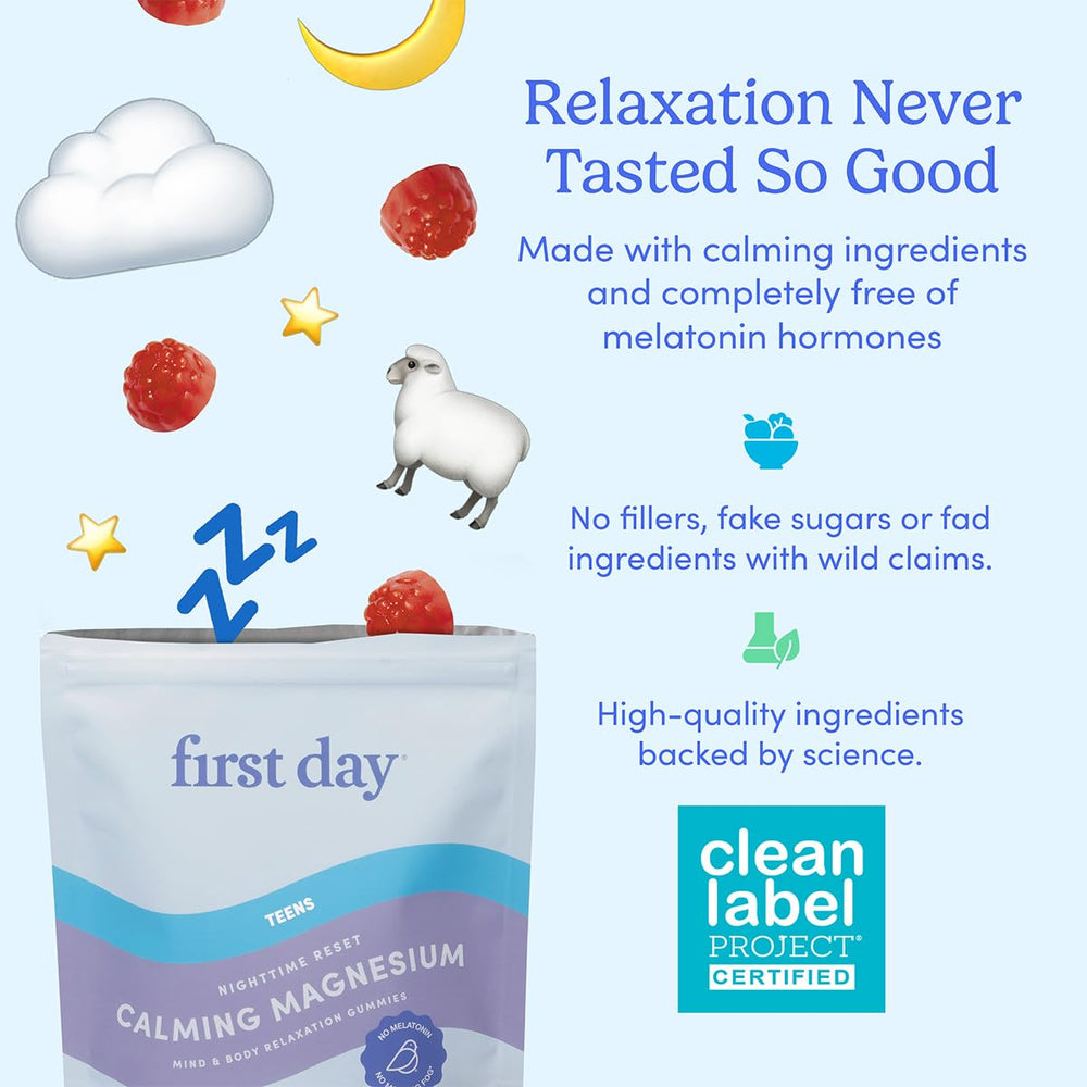 First Day Teens’ Nighttime Reset gummies pouring suggests easy nightly dosing.