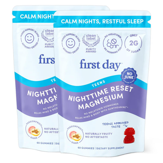 Front view of First Day Teens’ Nighttime Reset Magnesium Gummies package