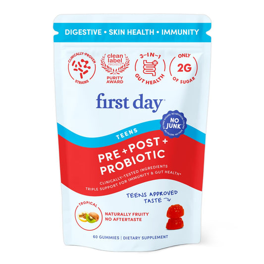 First Day Teens Tribiotic Gummies bottle and packaging