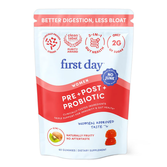 Bottle of FIRST DAY Women’s Good Gut Tribiotic Gummies on a white background