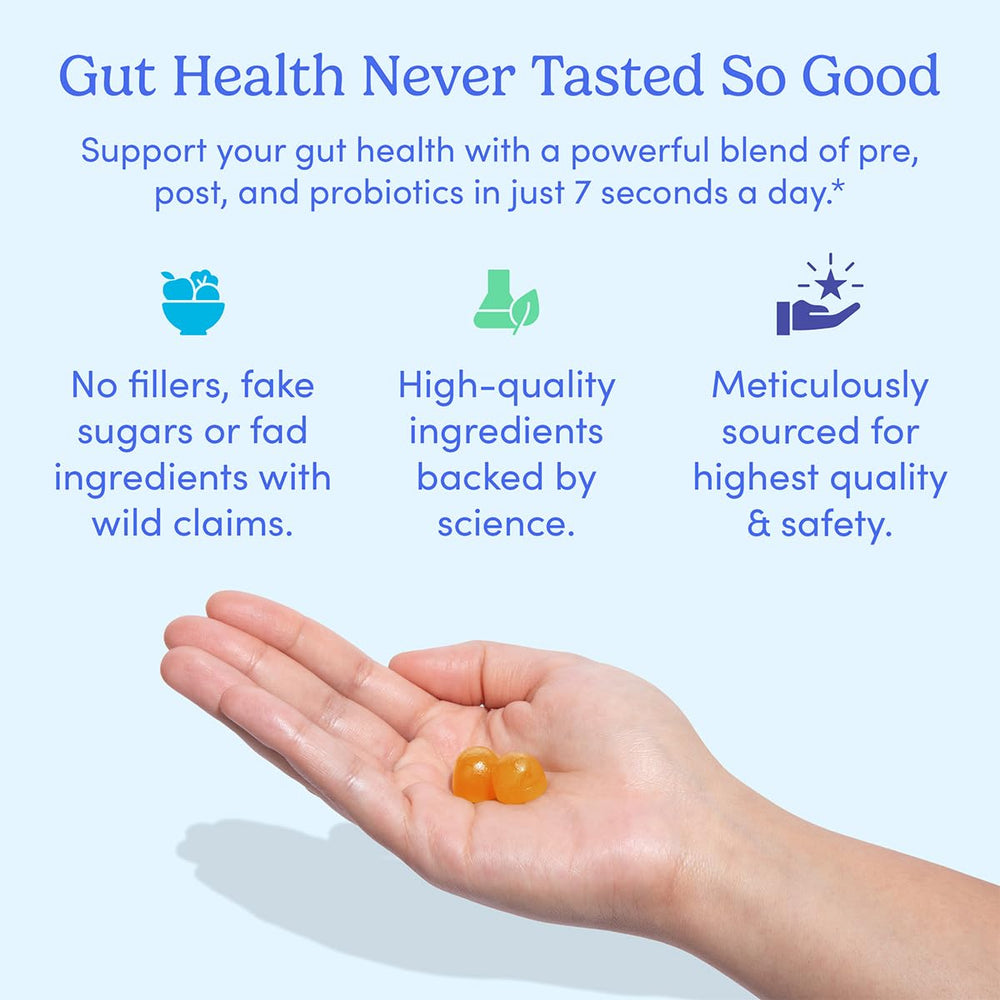 Gummies with label highlighting 3-in-1 tribiotic benefits