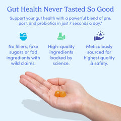 Gummies with label highlighting 3-in-1 tribiotic benefits