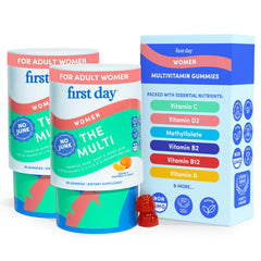 Bottle of First Day Women's Multivitamin Gummies with label visible
