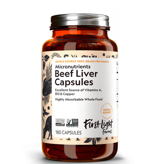Front view of First Light Farms Beef Liver Capsules bottle with label