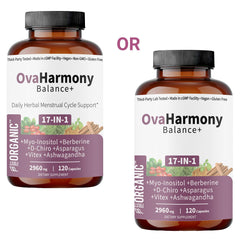 Close-up view of OvaHarmony Balance+ 2960mg bottle with capsules