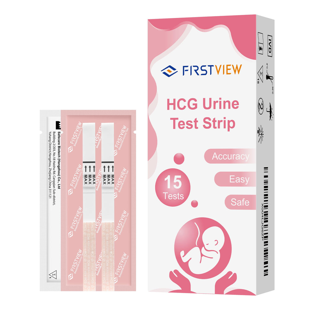 Box of FIRSTVIEW Pregnancy Test Kit with 15 strips and instructions